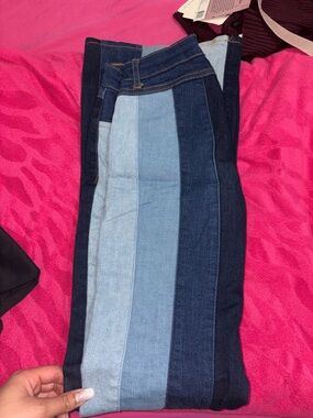 Women’s Multi-Panel Blue Striped bell bottom style Jeans